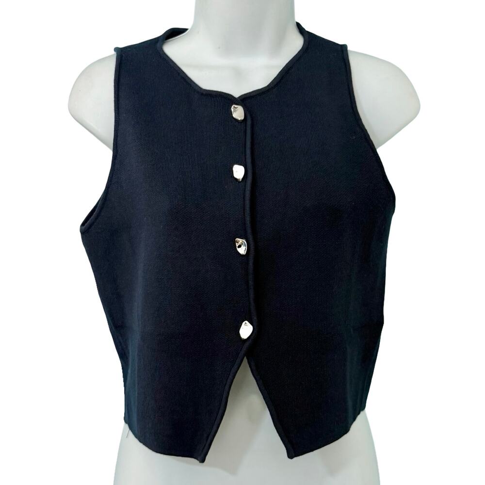 Zara Navy Blue Asymmetrical Silver Button Up Vest Tank Top Crop Size M NEW Tags - Picture 2 of 12
